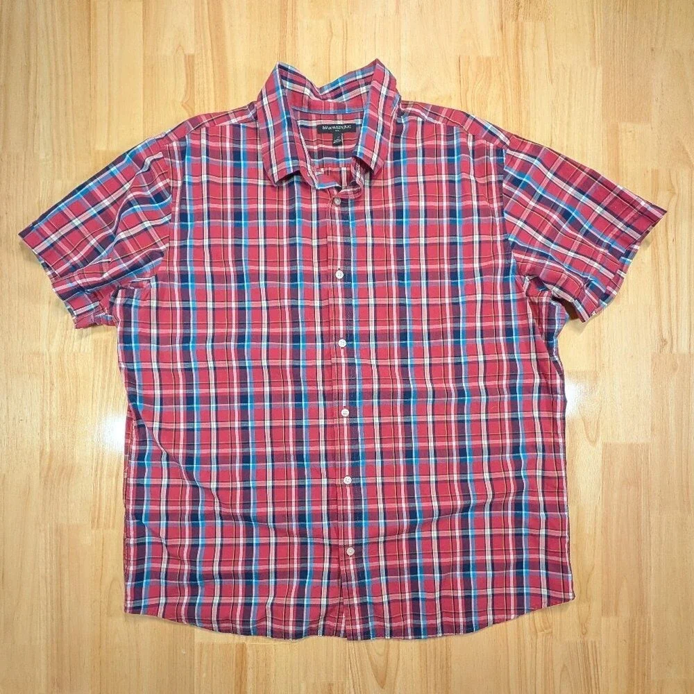 Banana Republic XXL Plaid Short Sleeve Button Up Shirt Red Blue Cotton
